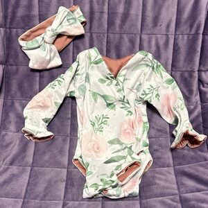 Floral Long Sleeve Baby Bodysuit and Headband Set
